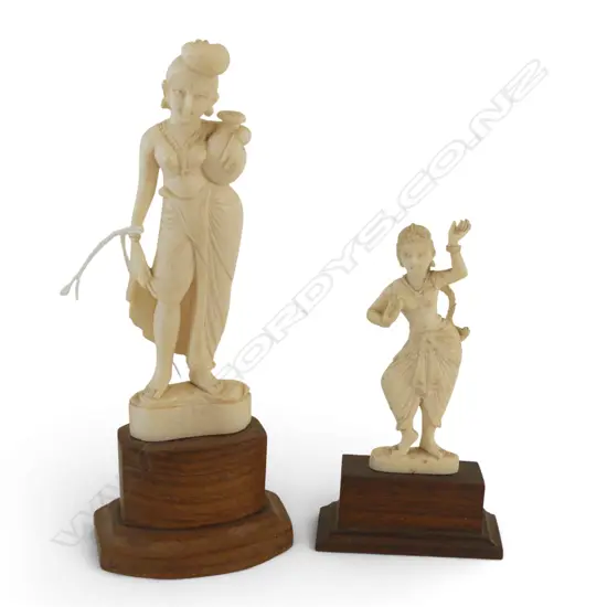 2 INDIAN FINELY CARVED IVORY WOMAN FIGURES on wood stands H.145mm