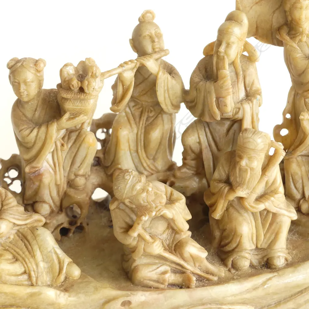 CHINESE SOAPSTONE CARVING; 8 FIGURES ON A BOAT, MINOR LOSSES W.260mm Image 1++