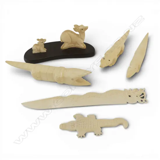 IVORY CARVED DRAGON PAPER KNIFE + 2 IVORY DEER + 4 BONE CROCODILE longest 135mm