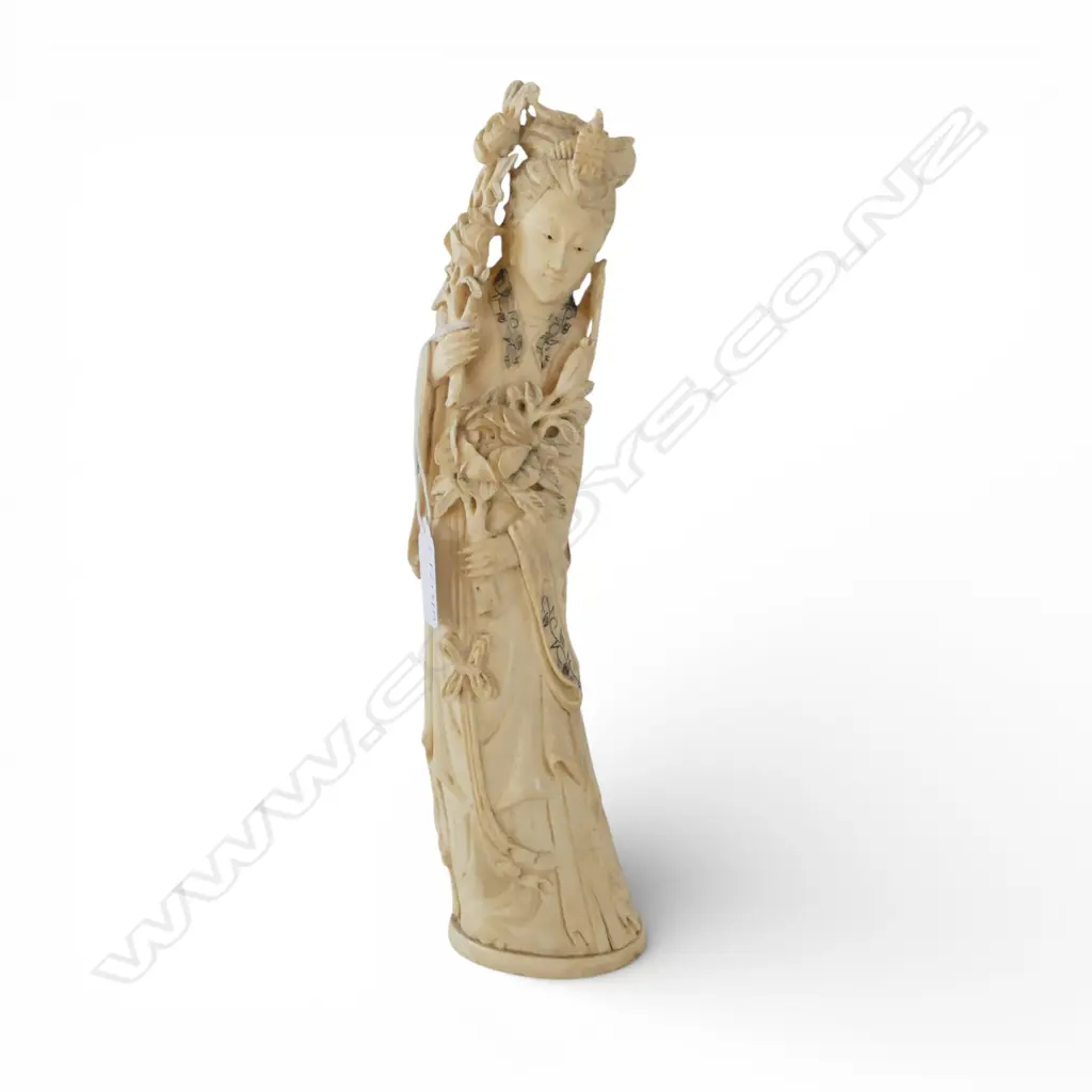 JAPANESE IVORY FIGURE; WOMAN HOLDING FLOWERS H.300mm SIGNED TO BASE Image 1++