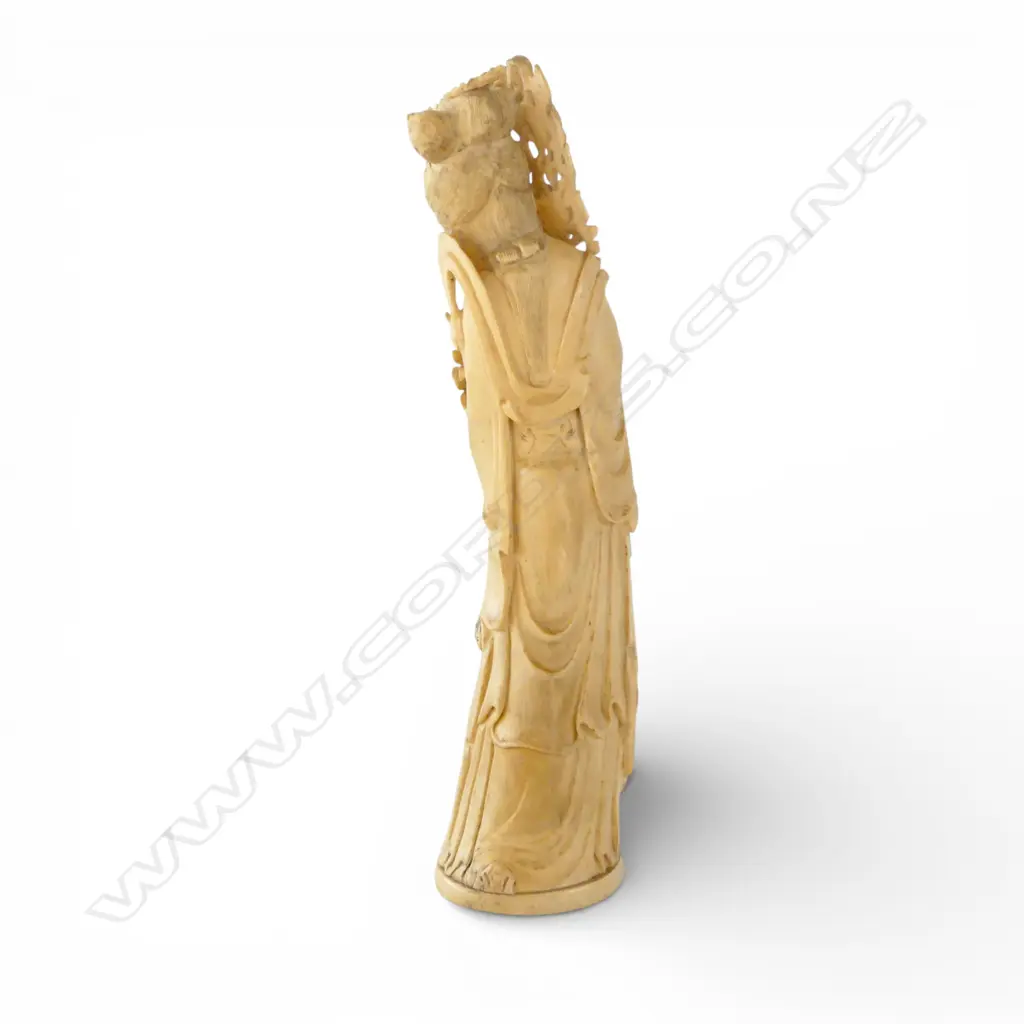 JAPANESE IVORY FIGURE; WOMAN HOLDING FLOWERS H.300mm SIGNED TO BASE Image 1++