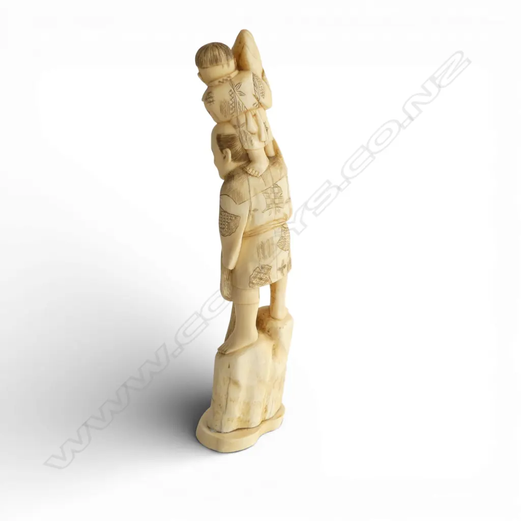 JAPANESE IVORY FIGURE; MAN & CHILD w. FISH H.305mm Image 1++