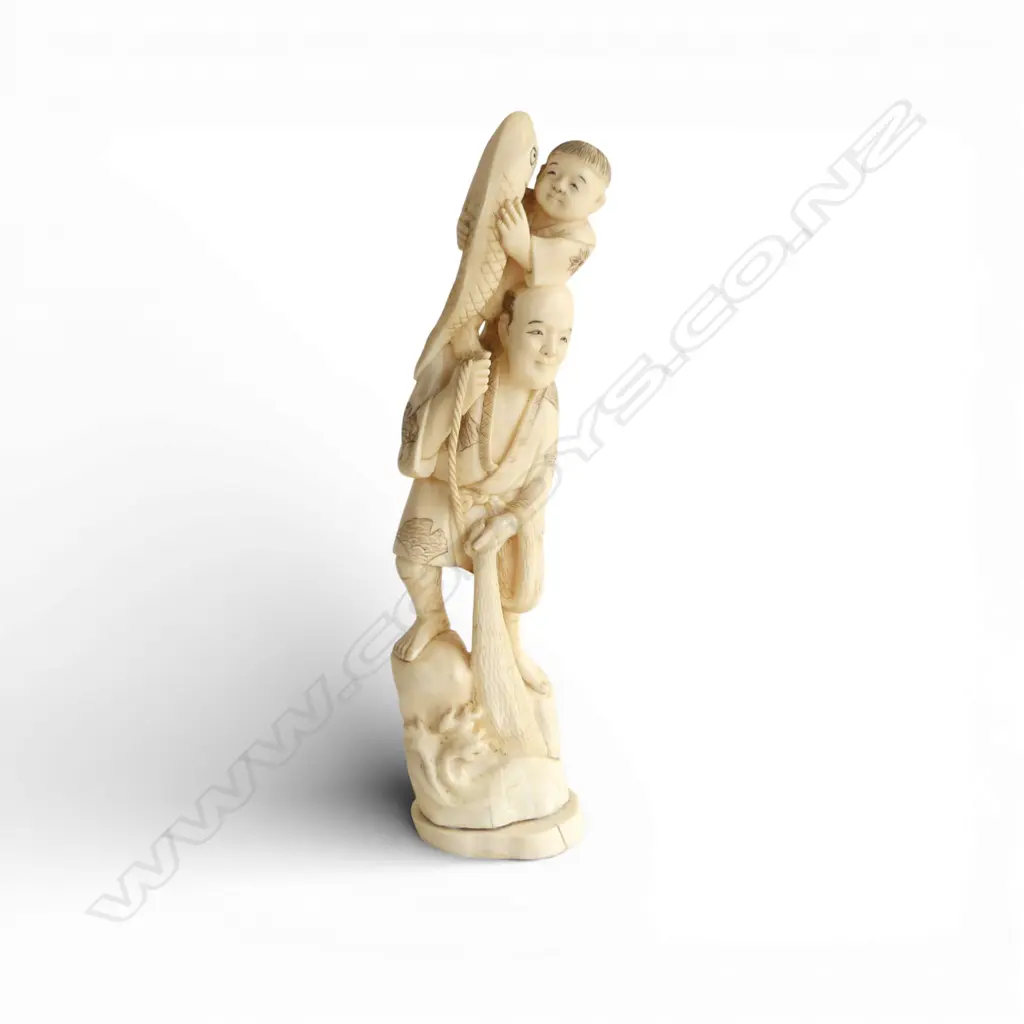 JAPANESE IVORY FIGURE; MAN & CHILD w. FISH H.305mm Image 1++