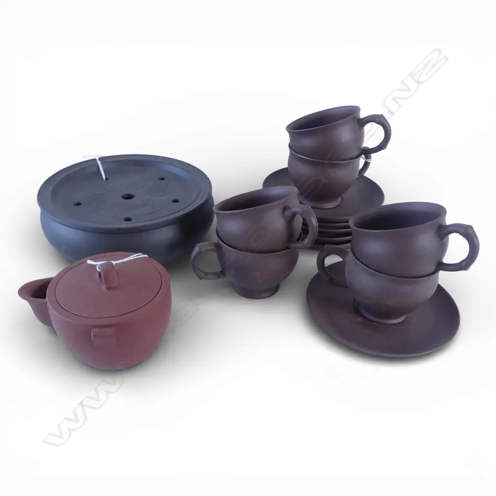 CHINESE YIXING POTTERY TEAPOT + 6 CUPS & SAUCERS + LIDDED TEA TRAY goldfish decoration Dia.170mm  Image 1++
