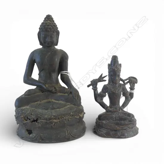 OLD BRONZE SEATED BUDDHA lotus pose some casting faults. H.150mm & another smaller H.105mm