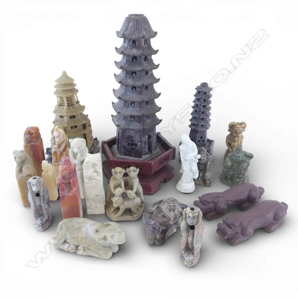 ASSORTED ORIENTAL CARVINGS INCLUDING 3 ALABASTER PAGODAS Image 1++