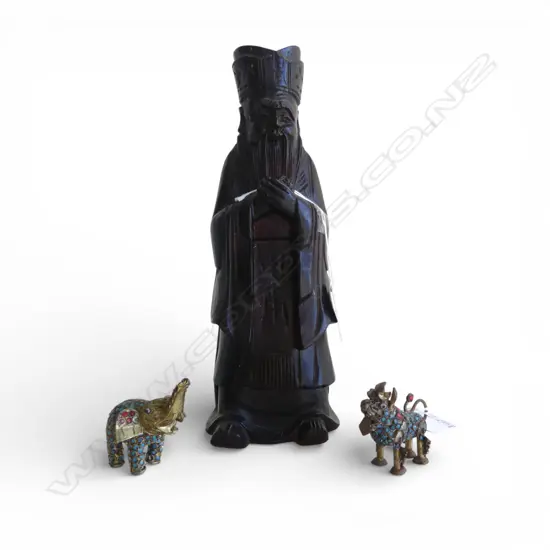 CHINESE CARVED WOOD DEITY FIGURE H.260mm + 2 SMALL BRASS JEWELLED ANIMALS