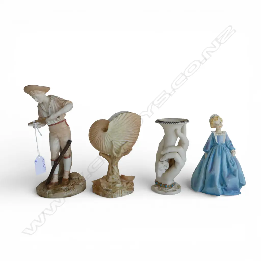 4 PCES ROYAL WORCESTER; GRANDMOTHERS DRESS, MAN SHARPENING BLADE AF H.225mm, NAUTILUS & HAND VASES Image 1++