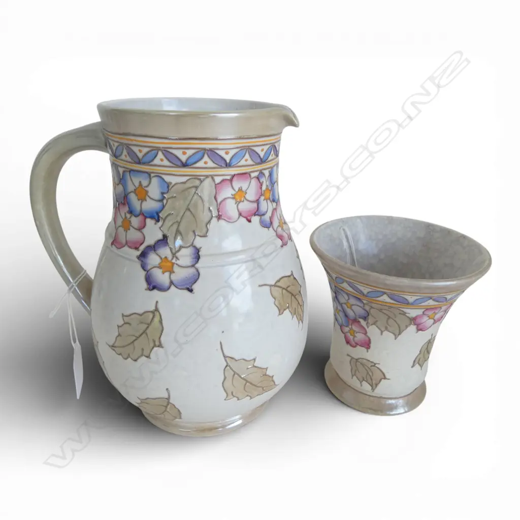 2 PCS DECO BURSLEY WARE BY CHARLOTTE RHEAD, JUG H.190mm, VASE H.150mm Image 1++