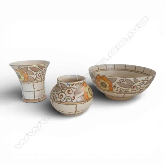 3 PCS DECO BURSLEY WARE BY CHARLOTTE RHEAD, BOWL Dia.190 x 85mm