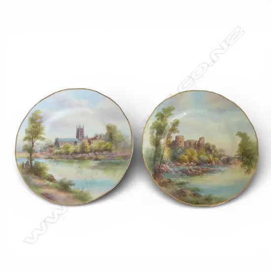 2 ROYAL WORCESTER CABINET PLATES; 'WORCESTER CATHEDRAL' SIGNED R. RUSHTON & BARNARD CASTLE (NOT SIGNED) 275mm dia