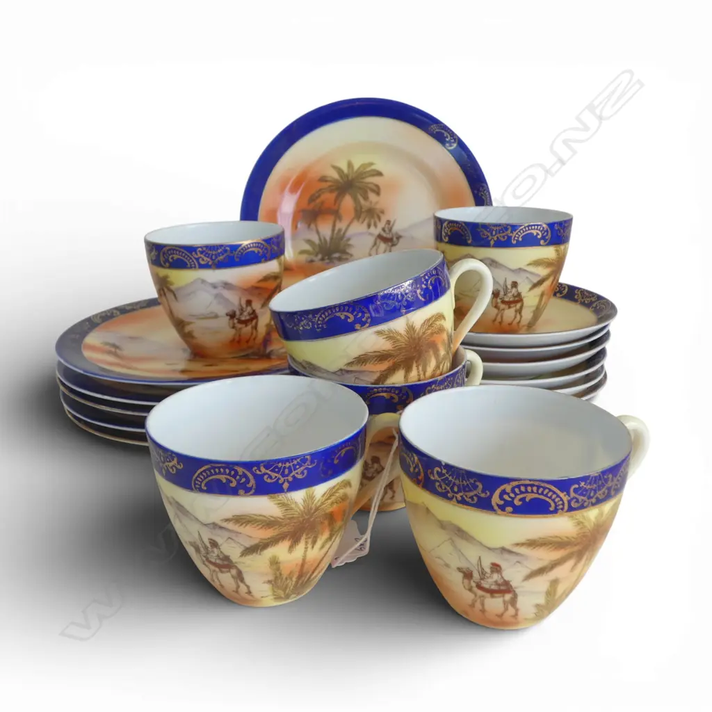 VINTAGE 6 PLACE SET CZECH CUPS SAUCERS + PLATES Egyptian scene Image 1++