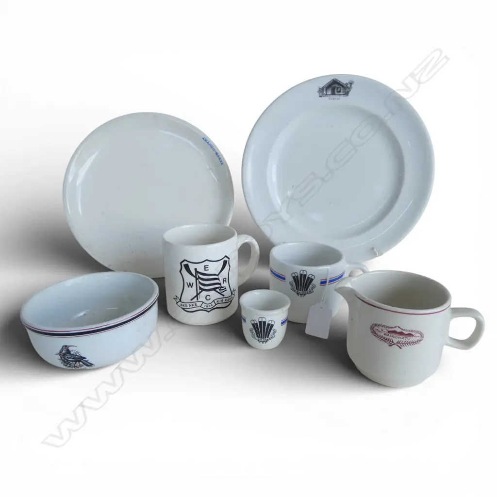 7 PCES CROWN LYNN with Māori & NZ themed logos. Pr huia + 'Kia Toa Kia Ngakau Nui' + whare with 'Tu Au Au' etc Image 1++