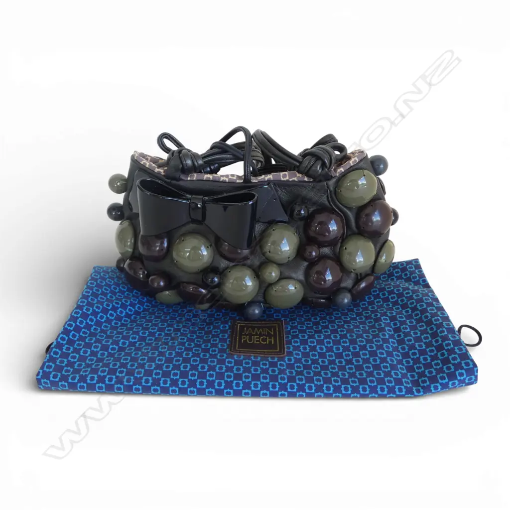 MODERN ' JAMIN PUECH' French Boho Bow DESIGNER HANDBAG stitched acrylic discs on dark brown leather + outer bag Image 1++
