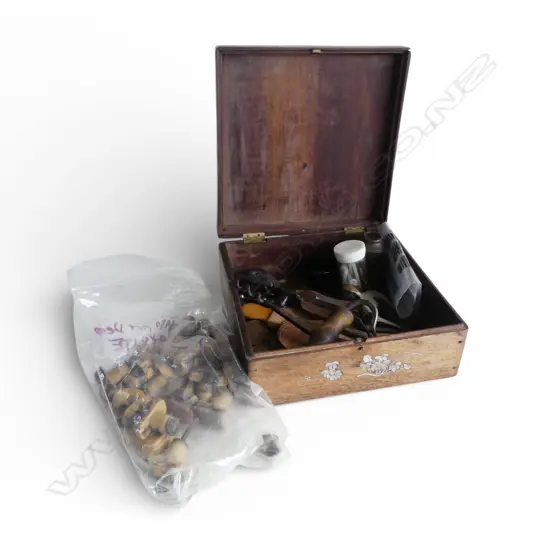 ASST. ITEMS IN MOP INLAID BOX W.180mm AF; COPPER PENNIES, DECO BAKELITE HANDLES ETC