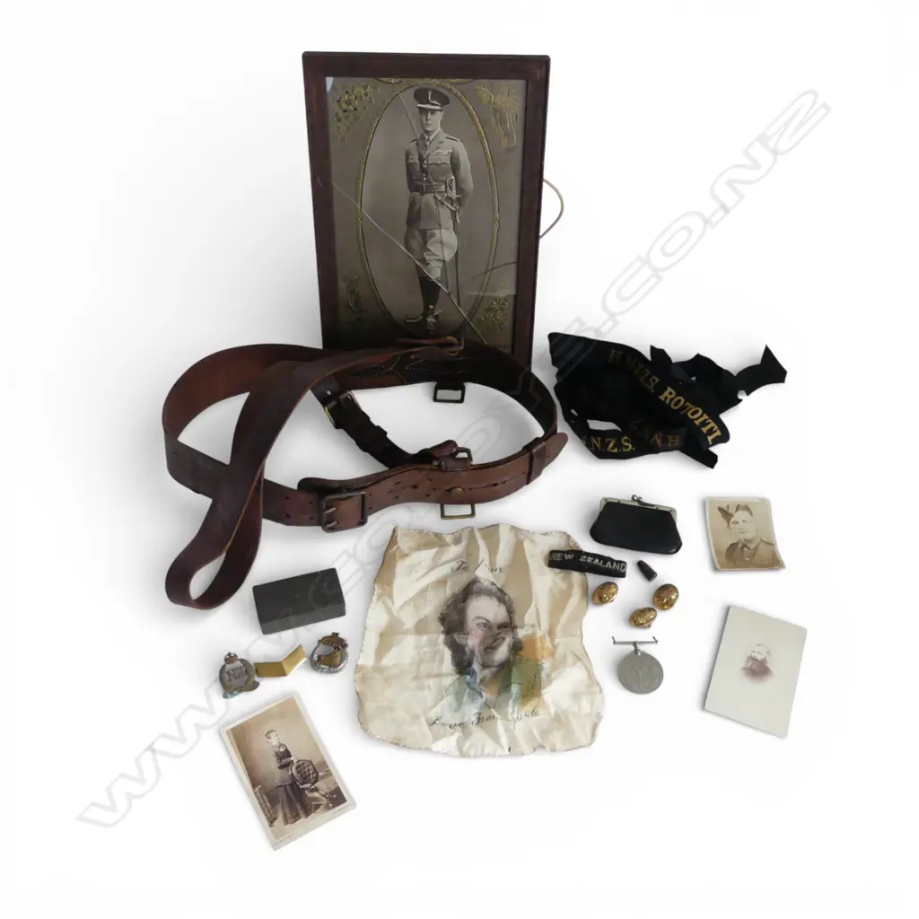 ASST. WWII ITEMS FROM SINGLE ESTATE; LEATHER BELT, SAILOR CAP BANDS, 1939-1945 MEDAL ETC Image 1++