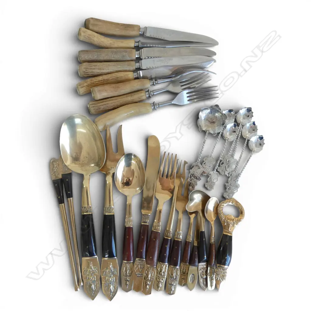 ASSORTED THAI CUTLERY  & SET OF HORN HANDLED STEAK KNIVES & FORKS (in 2 bags) Image 1++