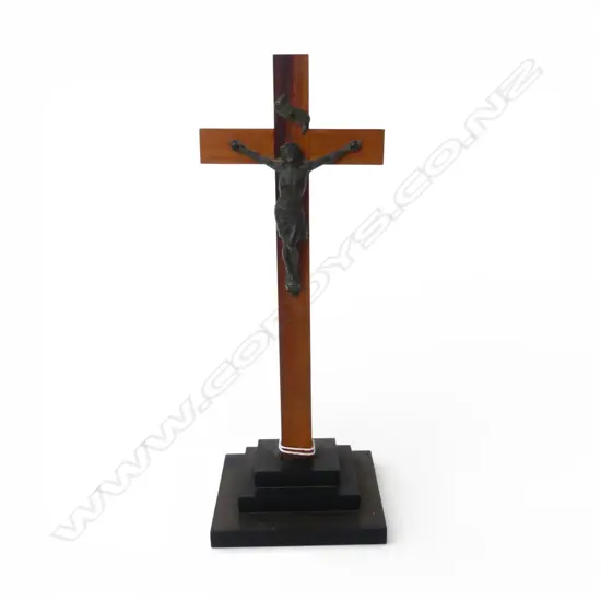 Crucifix on stand H.230mm wood cross & Bakelite stepped base