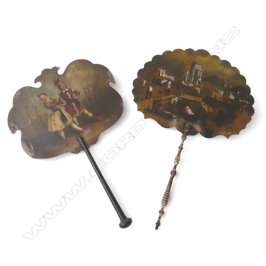 Two of Victorian painted personal papier mache fans with turned handle 1 with MOP castle inlay some faults Image 1++