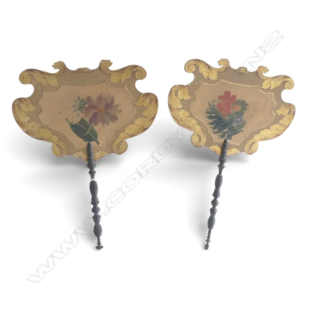 Pair of Victorian botanical hand painted & gilded card personal fans with turned dark wood handles. L.350mm. Image 1++