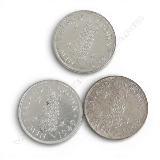 3 1949 NEW ZEALAND COMEMORATIVE ROYAL VISIT CROWN .500 SILVER COINS 84.66gms