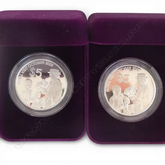 2 N.Z. 2001 ROYAL VISIT $5 .999 SILVER PROOF COINS 56.56gms