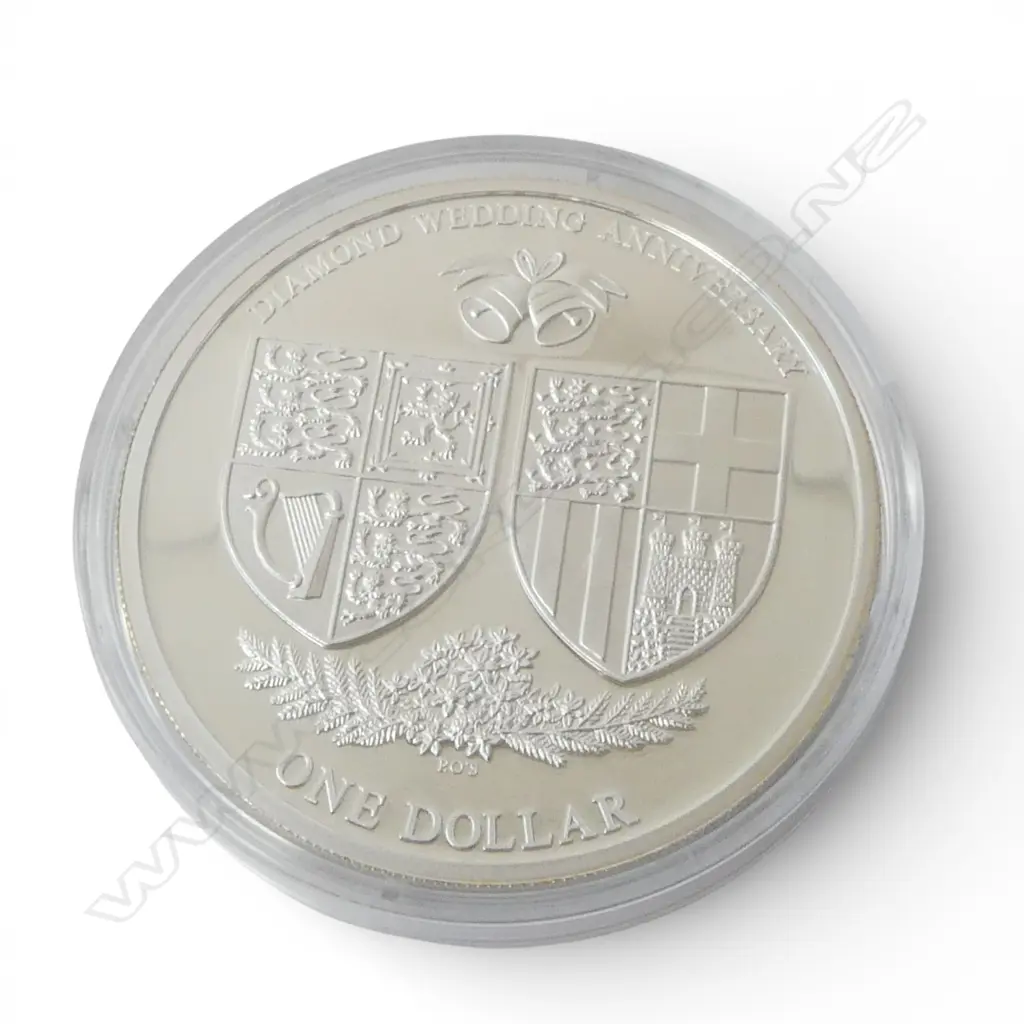 N.Z. 2007 QE II DIAMOND WEDDING ANN. $1 .999 SILVER PROOF COIN 31.10gms Image 1++