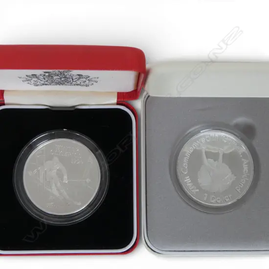 1994 $5 WINTER OLYMPICS & 1989 $1 1990 COMMONWEALTH GAMES AUCKLAND .925 SILVER PROOF COINS 58.69gms