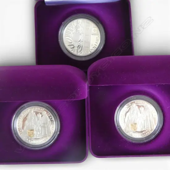 2 1997 50th GOLDEN ANN. .925 $20 COINS w. 22ct CAMEO 56.56gms TW + 2002 QE II GOLDEN JUB. .925 COIN w. 22ct FACE 28.28gm