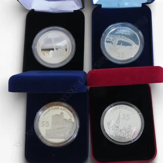 4 N.Z. STG SILVER PROOF COINS; CHRISTCHURCH, SKY TOWER, AUCKLAND & DUNEDIN 144gm TW
