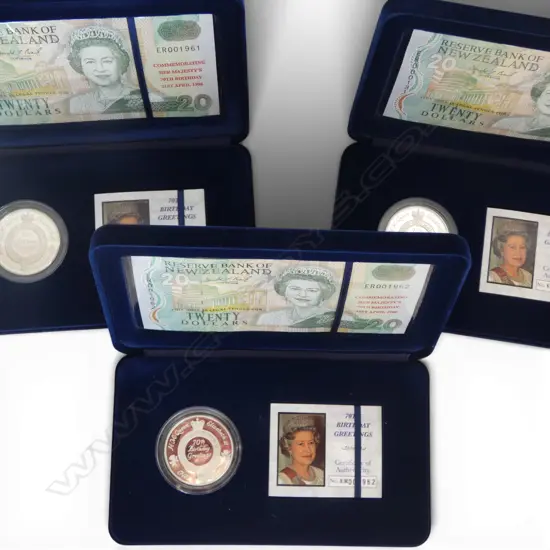 3 CASED SETS 1996 QUEENS 10th BIRTHDAY .925 SILVER COIN & $20 NOTE SETS same sequence numbers TOTAL SILVER 84.84gms