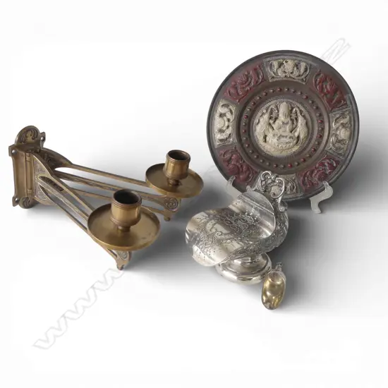 BRASS PIANO SCONCE HINDU WALL PLAQUE & COAL SCUTTLE SUGAR BOWL 