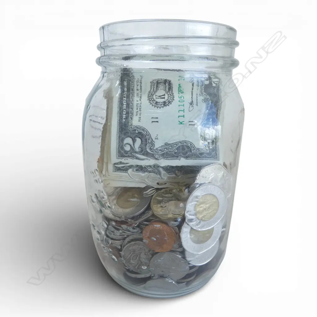 JAR OF WORLD NOTES & COINS Image 1++