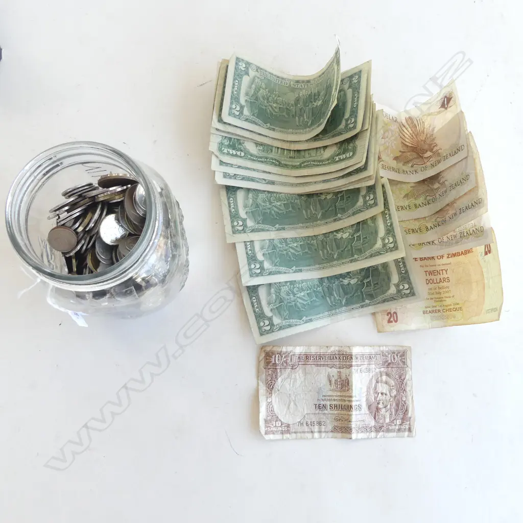 JAR OF WORLD NOTES & COINS incls. FLEMING 10/- SHILLING WORN Image 1++