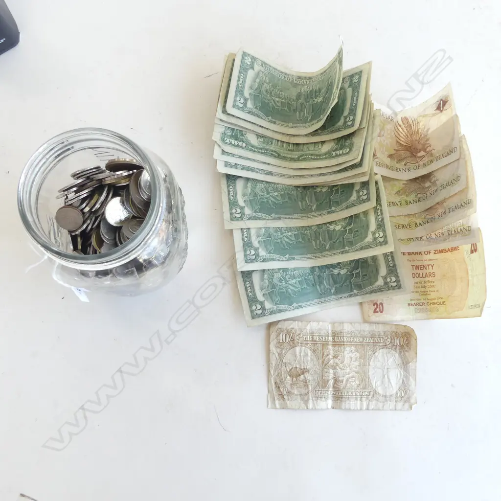 JAR OF WORLD NOTES & COINS incls. FLEMING 10/- SHILLING WORN Image 1++