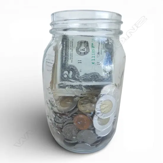JAR OF WORLD NOTES & COINS