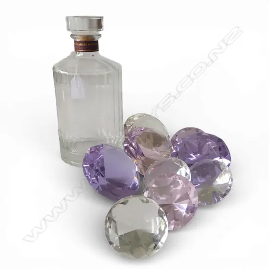 SUNTORY GLASS DECANTER + 9 FACETTED LGE GLASS 'GEMSTONES' some purple & pink