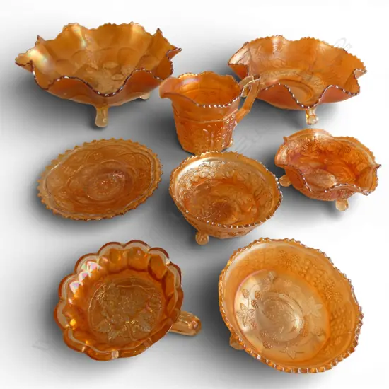 8 PCES AMBER CARNIVAL GLASS 260mm dia