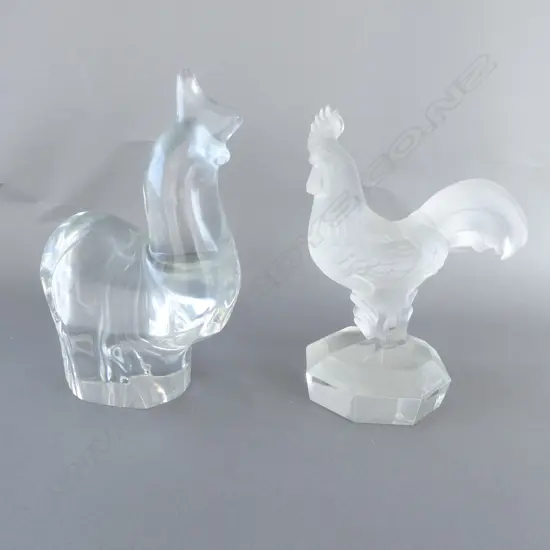 GOEBAL FROSTED GLASS ROOSTER etched mark + ORREFORS polished GLASS ROOSTER flake chip to base. Labelled. H.220mm