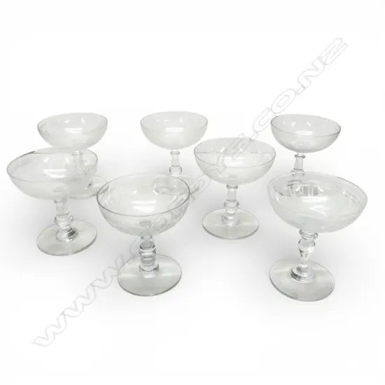 7 ASST. EDWARDIAN ACID ETCHED CHAMPAGNE GLASSES two chipped