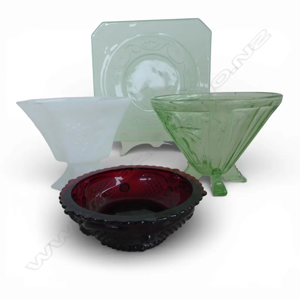 4 PCES GLASS; 2 GREEN DECO (chips) 230x230mm, MILK GLASS VASE, RED AVON BOWL Image 1++
