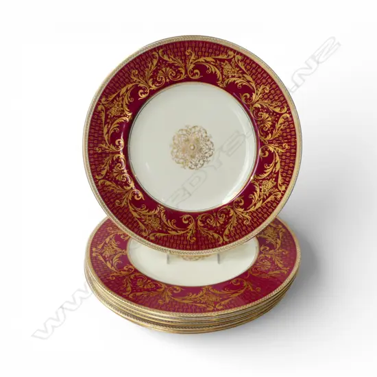 SET OF 6 SHELLEY CHINA GILT ON ROUGE DINNER PLATES