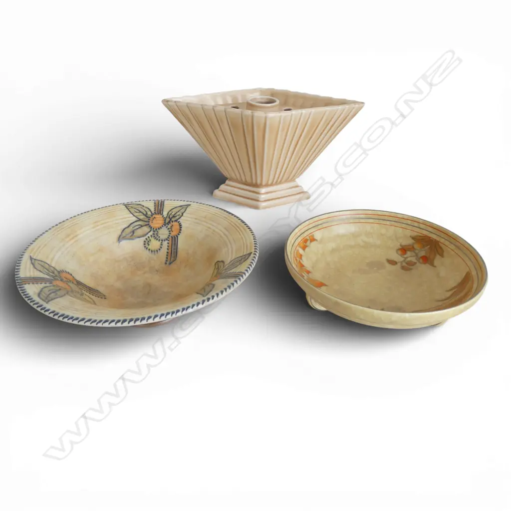 3 PCS DECO WARE, CHARLOTTE RHEAD signed dish hairline crack to side Image 1++