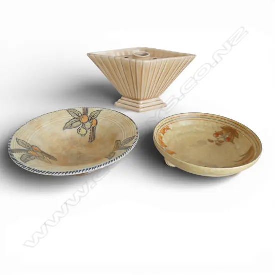 3 PCS DECO WARE, CHARLOTTE RHEAD signed dish hairline crack to side