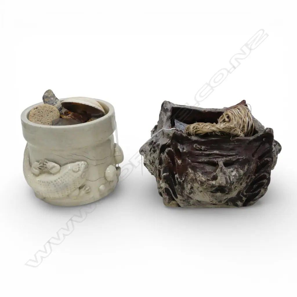 STUDIO POTTERY MULTI FACETED PLANTER W.230mm & LIZARD PLANTER with stone/shells Image 1++