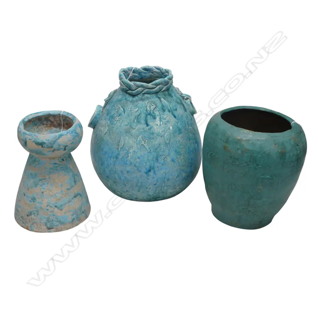 N.Z. STUDIO POTTERY BLUE GLAZE BASKET FORM VASE H.310mm + 2 OTHER BLUE GLAZE VASES Image 1++