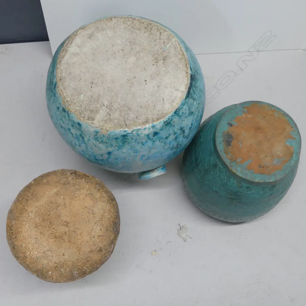 N.Z. STUDIO POTTERY BLUE GLAZE BASKET FORM VASE H.310mm + 2 OTHER BLUE GLAZE VASES Image 1++