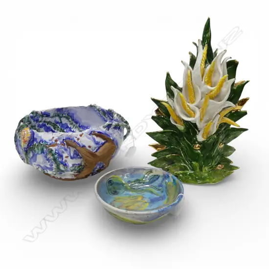 HEAVY STUDIO POTTERY BOWL with ocean motifs Dia.250, GLAZED DISH Dia.160 & POTTERY LILY VASE (FAULTS) H.330mm