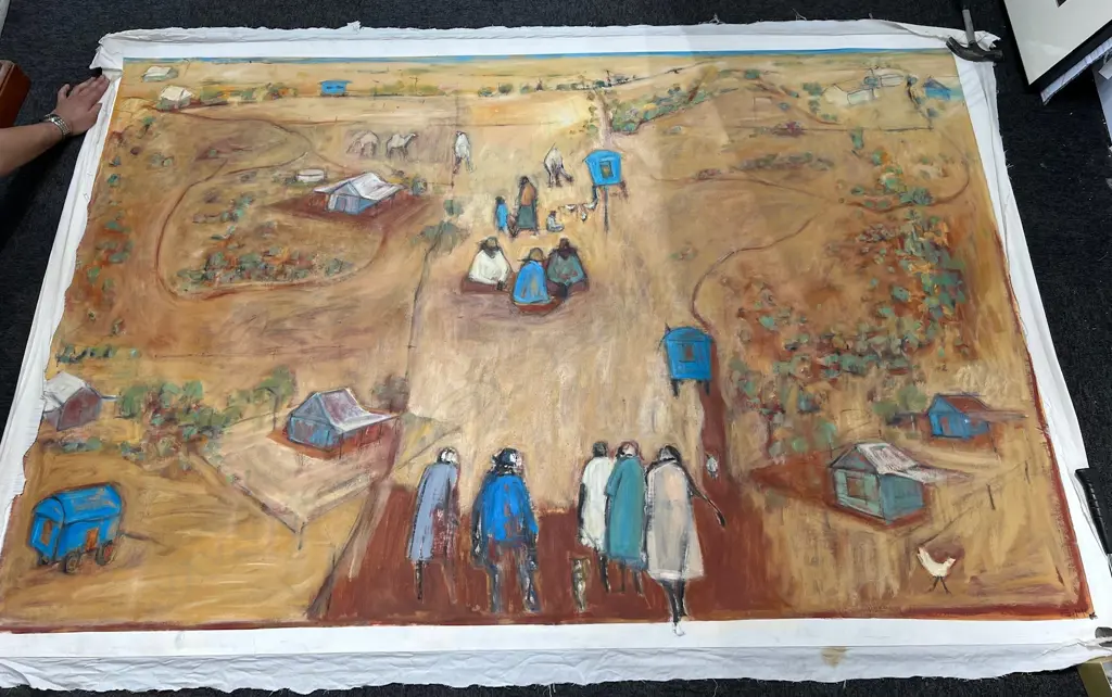 VERY LARGE (ARANDA) ABORIGINAL ACRYLIC PAINTING Rural village landscape houses & figures by S.Mc. 2005 1400 x 2200mm Image 1++