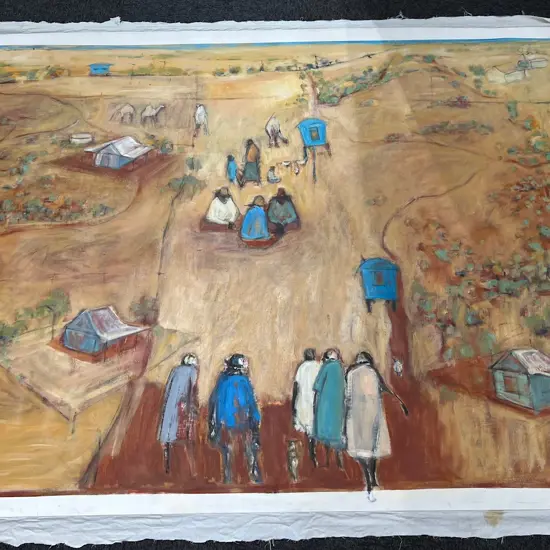 VERY LARGE (ARANDA) ABORIGINAL ACRYLIC PAINTING Rural village landscape houses & figures by S.Mc. 2005 1400 x 2200mm